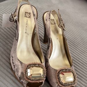 Anne Klein Snakeskin Peep-Toe Heels with Gold Accent